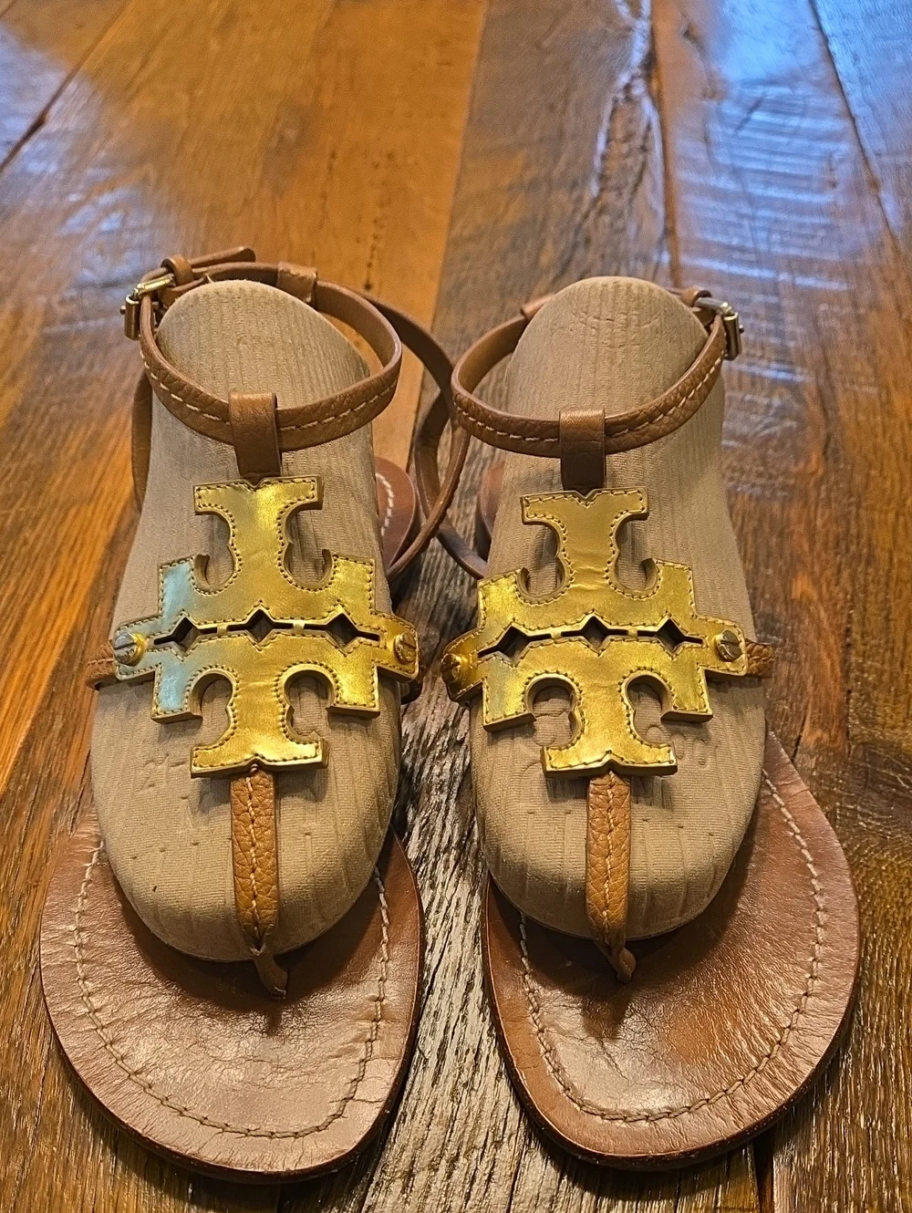 Tory Burch Chandler Ankle Strap Sandals Tan Leather Gold Logo Thong Flat 7-7.5